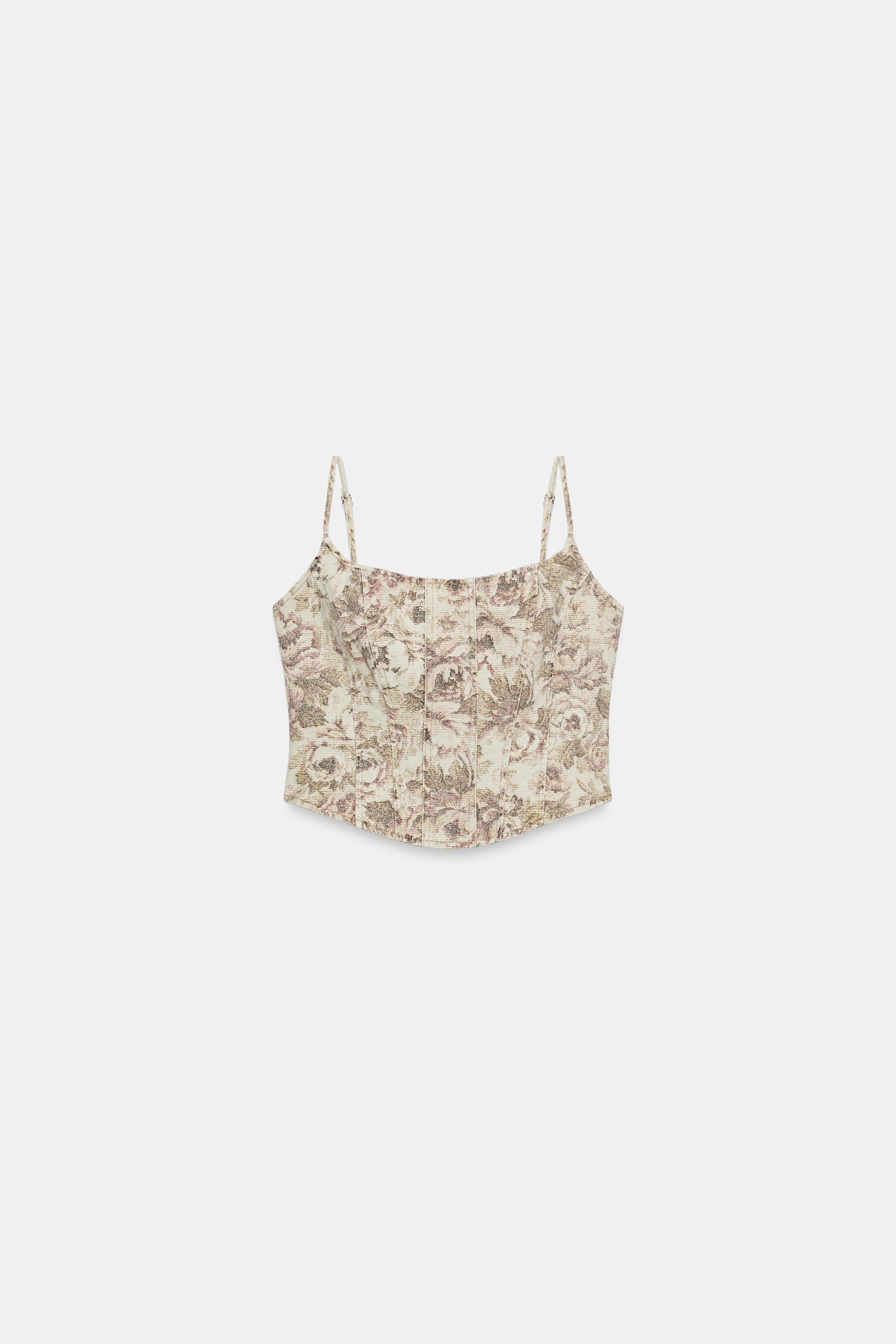 Z1975 FLORAL PRINT DENIM CROP TOP